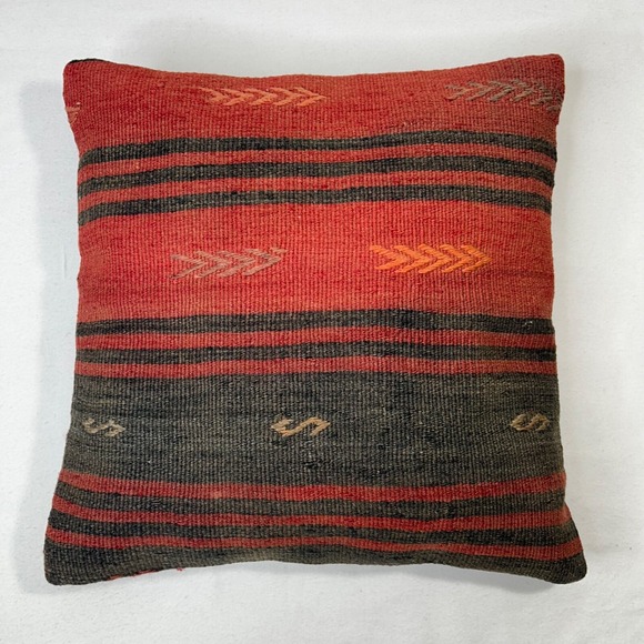 Turkish Kilim Throw Pillow 100% Feather Fill Cushion Red Brown 16x16 - Picture 1 of 5